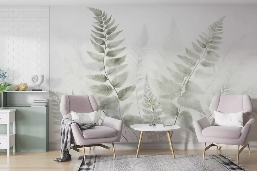 Wall Mural Photo Wallpaper Textured dried fern fronds in various shades of green, with a soft, light background in watercolor style w09615v1