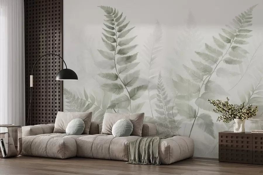 Wall Mural Photo Wallpaper Textured dried fern fronds in various shades of green, with a soft, light background in watercolor style w09615v1