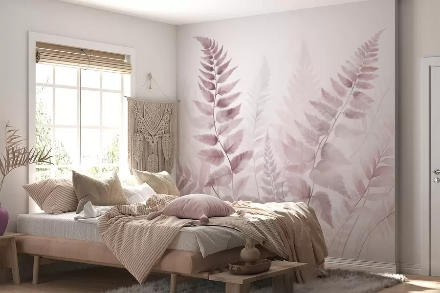 Wall Mural Photo Wallpaper Textured dried fern fronds in various shades of pink, with a soft, light background in watercolor style w09615v2