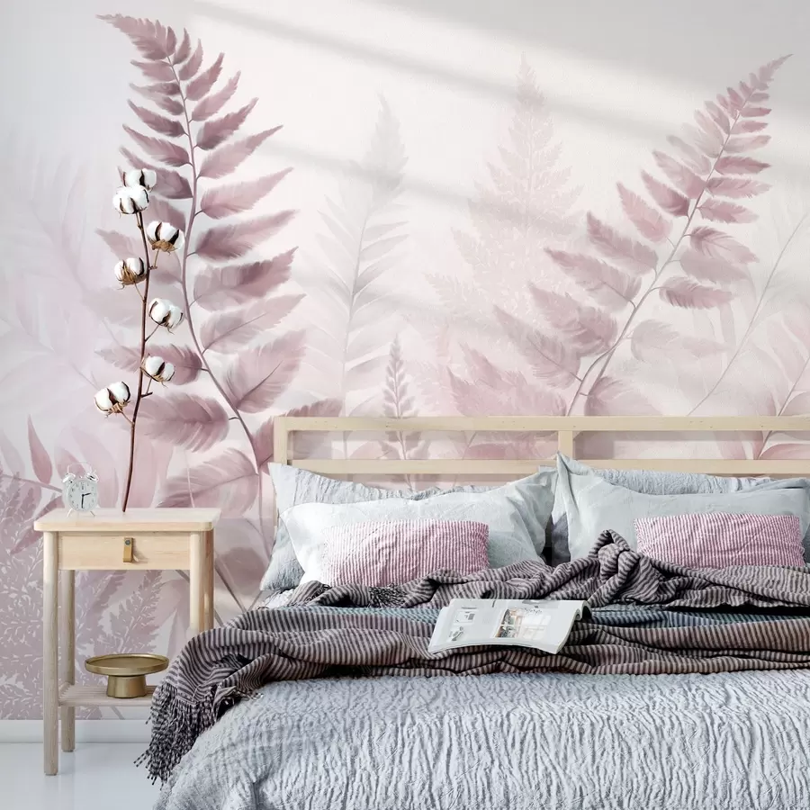 murales Hojas secas de helecho con textura en varios tonos de rosa, con un fondo suave y claro en estilo acuarela. w09615v2
