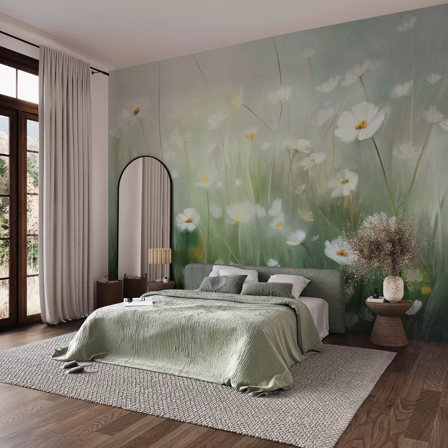 Wall Mural Photo Wallpaper Abstract field of white daisies with green grass and a soft, hazy background in painting style w09619