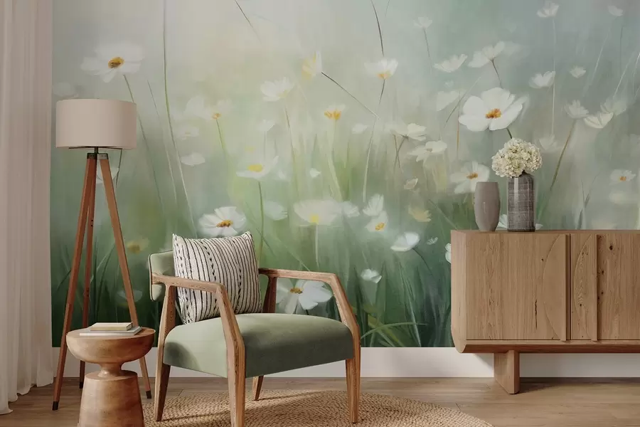 murales Campo abstracto de margaritas blancas con hierba verde y un fondo suave y difuso en estilo pictórico. w09619