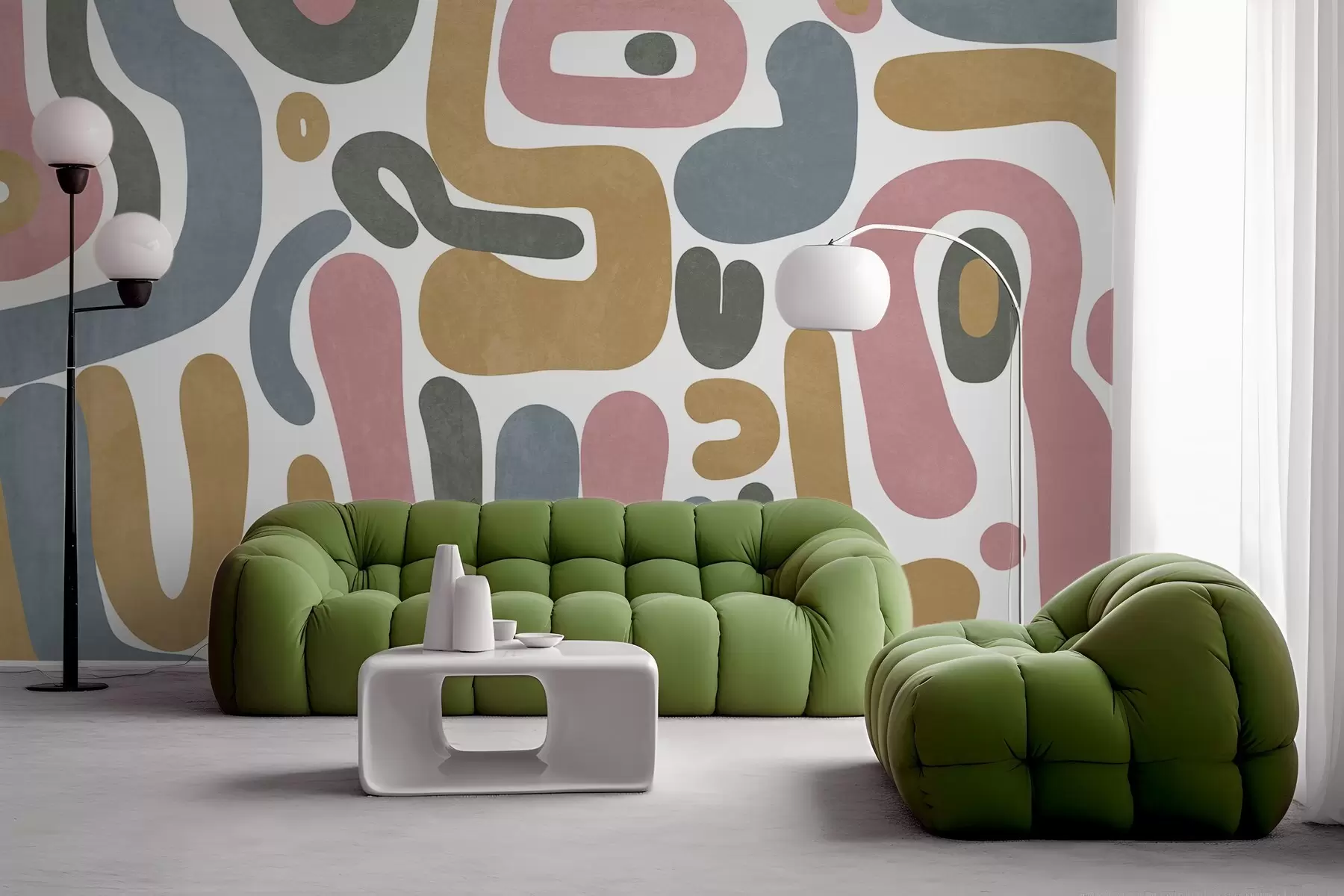 murales Formas abstractas con textura en rosa pastel, azul apagado, amarillo mostaza y gris sobre fondo blanco, arte moderno. w09620