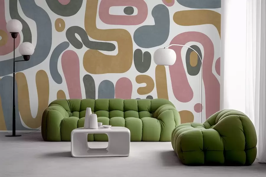 peintures murales Formes abstraites texturées dans des tons rose pastel, bleu pâle, jaune moutarde et gris sur fond blanc, art moderne. w09620