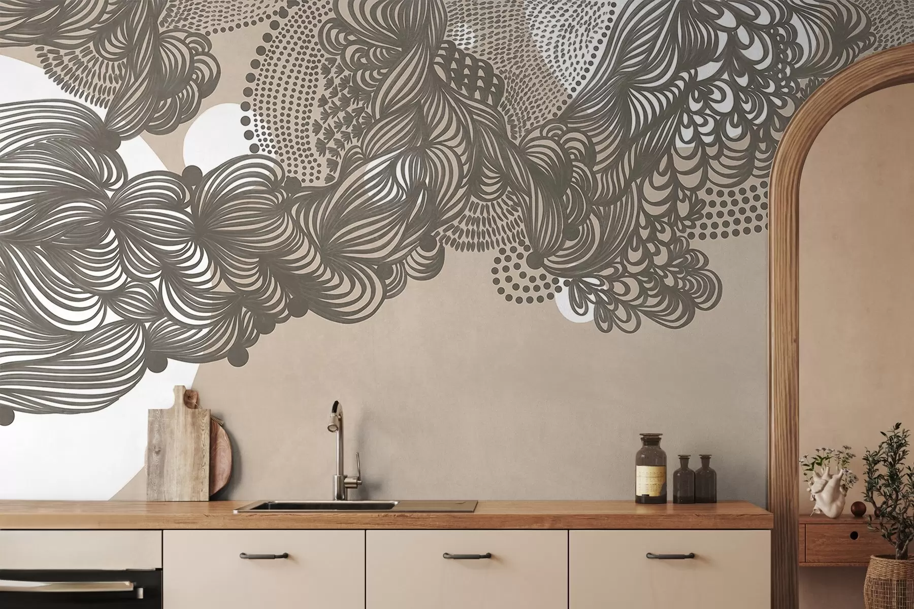 Wall Mural Photo Wallpaper Abstract textured design on a beige background , with intricate line work and dotted textures w09621
