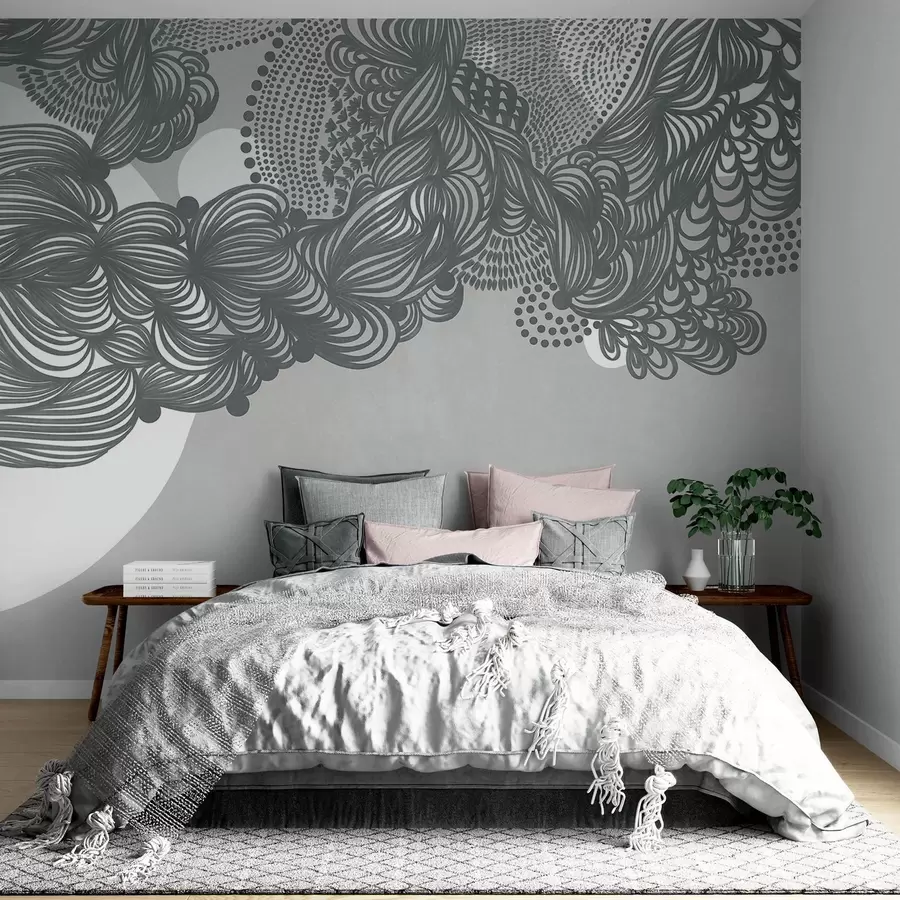 wall murals Abstract textured design on a gray background , with intricate line work and dotted textures w09621v1
