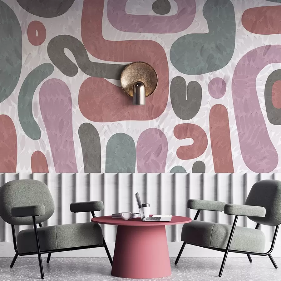 wall murals Abstract textured shapes in muted pink, green and gray tones, on a textured background modern art w09622