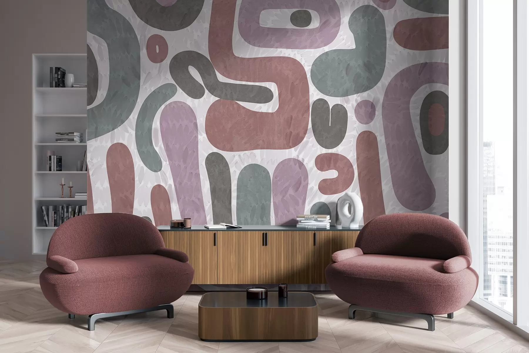 Wall Mural Photo Wallpaper Abstract textured shapes in muted pink, green and gray tones, on a textured background modern art w09622