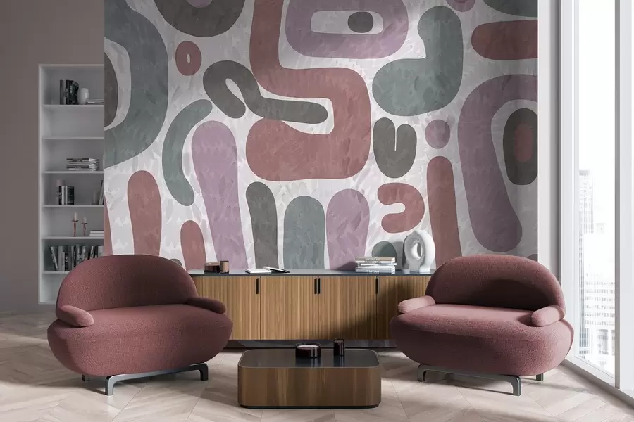 peintures murales Formes abstraites texturées dans des tons roses, verts et gris discrets, sur un fond texturé d'art moderne w09622