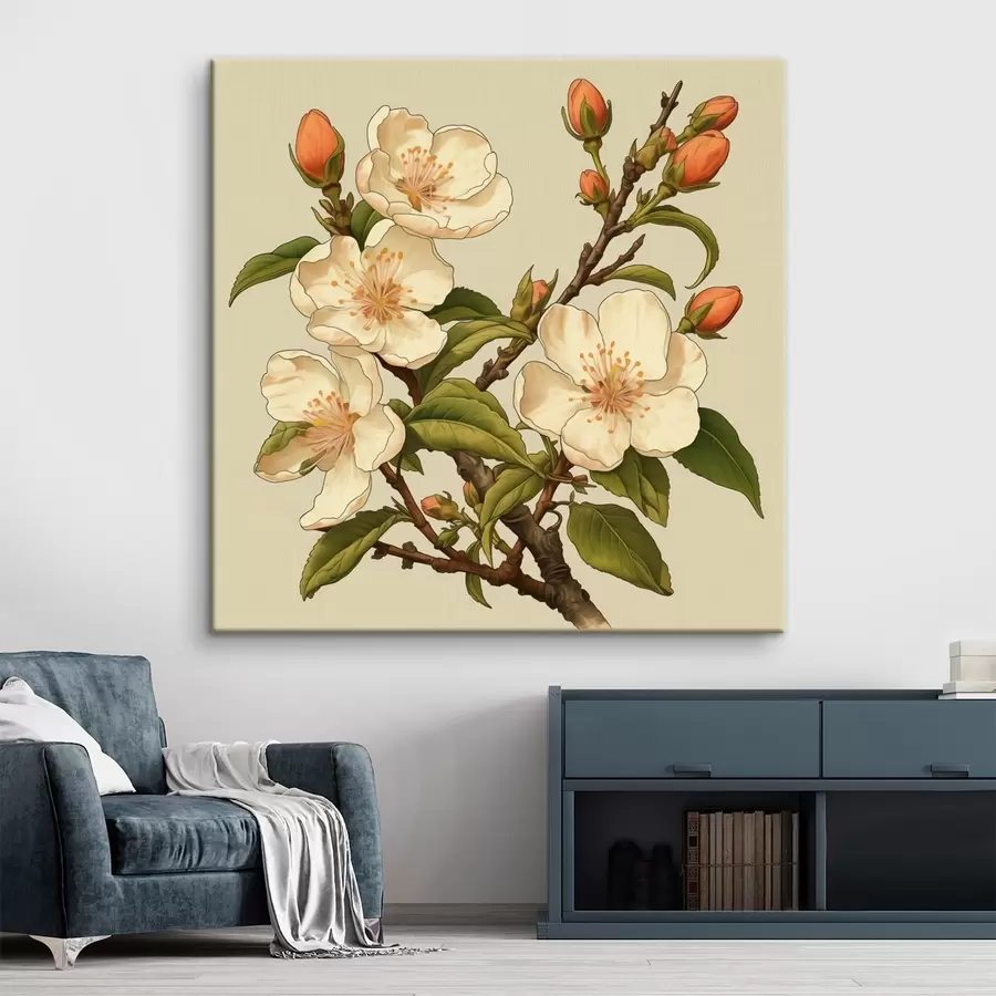 wall murals Blooming branch with white flowers on a beige background in the style of classic illustration s46923