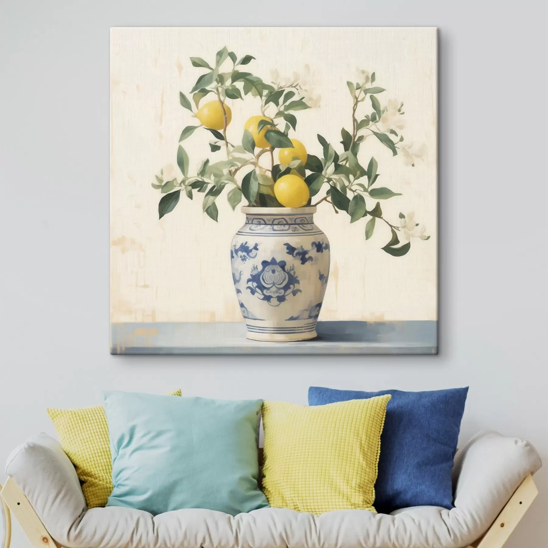 murales Limones en un jarrón de cerámica azul y blanco al estilo de una pintura al óleo. s46924