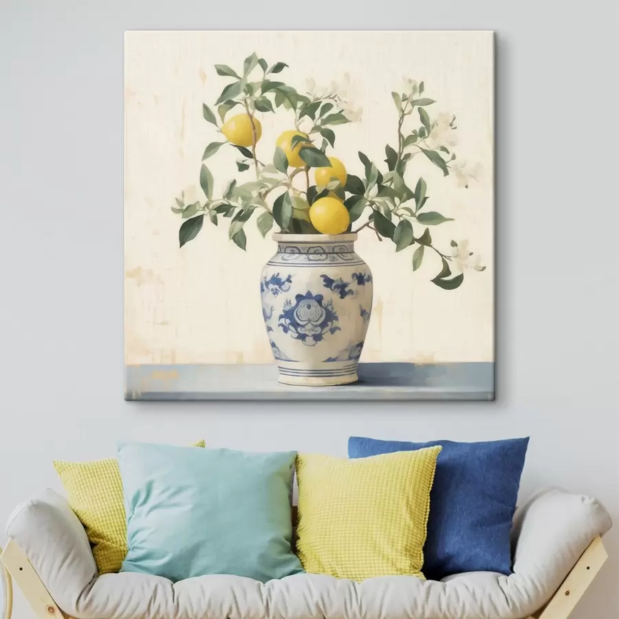 murales Limones en un jarrón de cerámica azul y blanco al estilo de una pintura al óleo. s46924