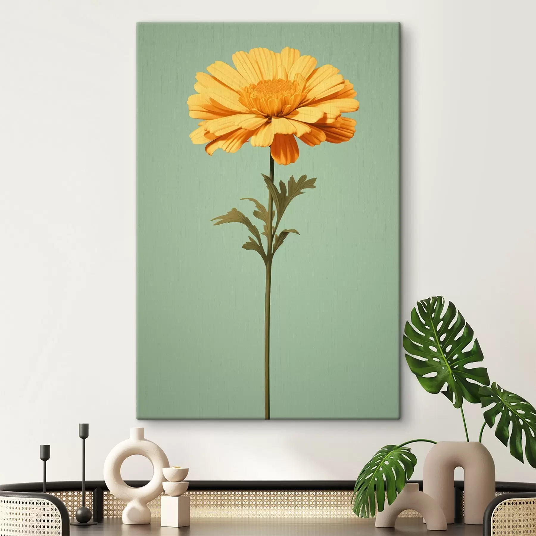 wall murals Yellow calendula on a mint background in a minimalist style s46926