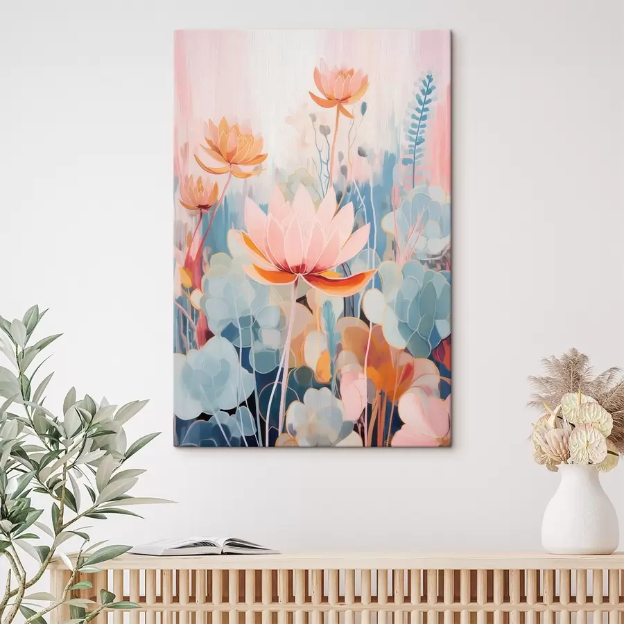 wall murals Lotuses and decorative foliage in a pink-and-blue color palette s46929