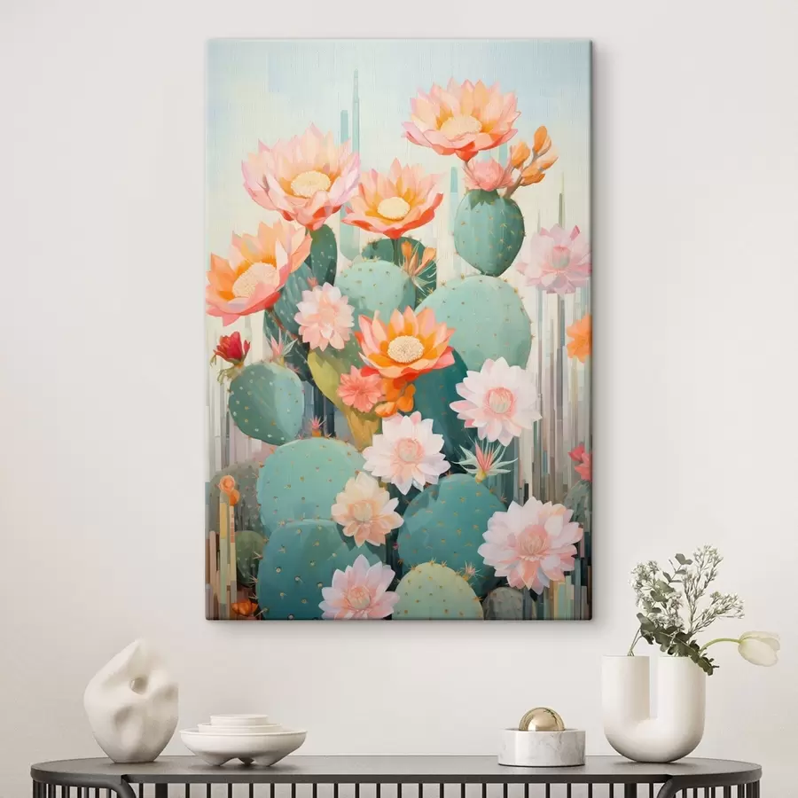 murales Jardín de flores de cactus en una suave paleta de colores pastel con estilo ilustrativo. s46935