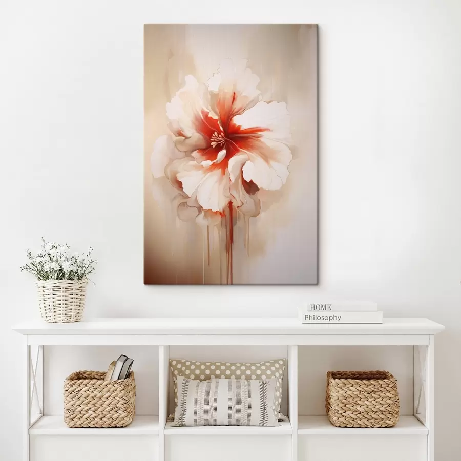 wall murals White and red flower with semi-transparent petals and flowing paint drips s46940
