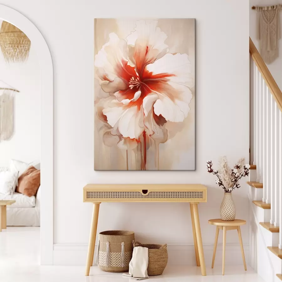 wall murals Close-up of a white and red flower with semi-transparent petals and flowing paint drips s46941