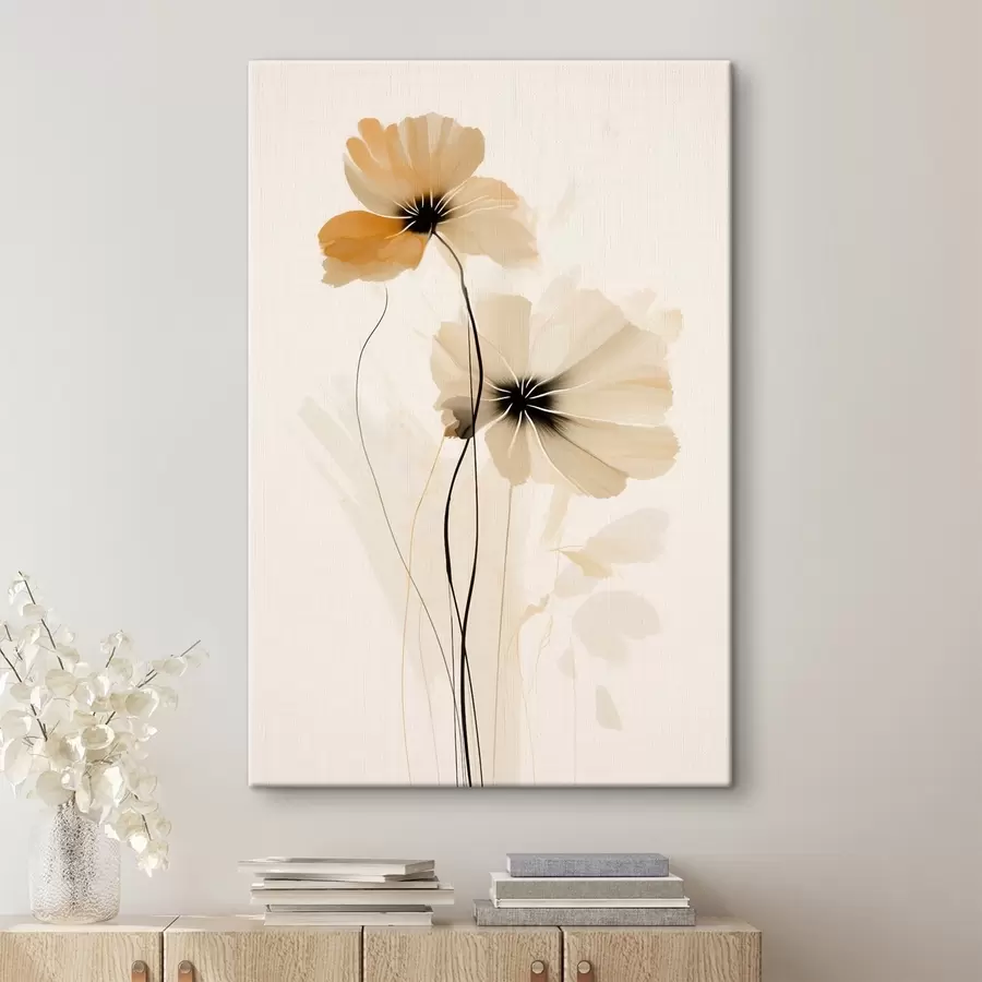 wall murals Flowers in a beige-peach palette with dark centers in a minimalist style s46945
