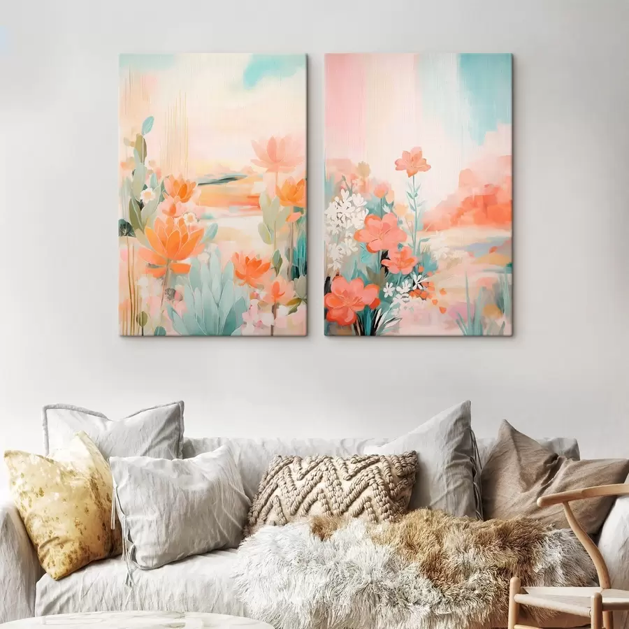 murales Motivos florales en tonos pastel sobre un fondo de valle brumoso y luminoso. m01085