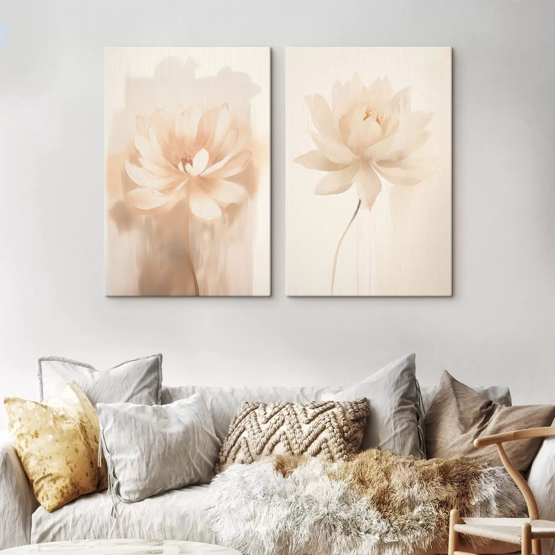 murales Composición floral en tonos beige cálidos con pinceladas ligeras y un fondo aireado. m01087