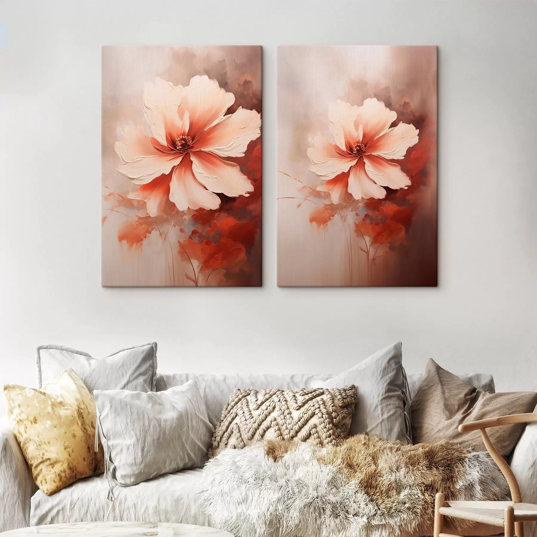 murales Composición floral: pétalos blancos y crema, detalles en coral y un suave fondo brumoso. m01088