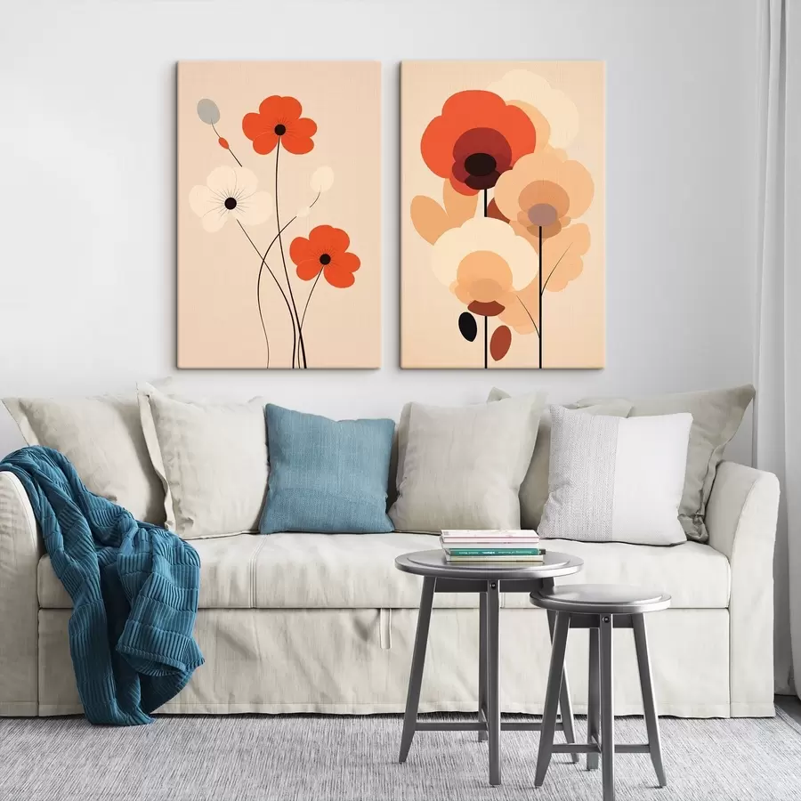 wall murals Minimalist floral diptych in warm beige-coral tones with graphic lines m01090