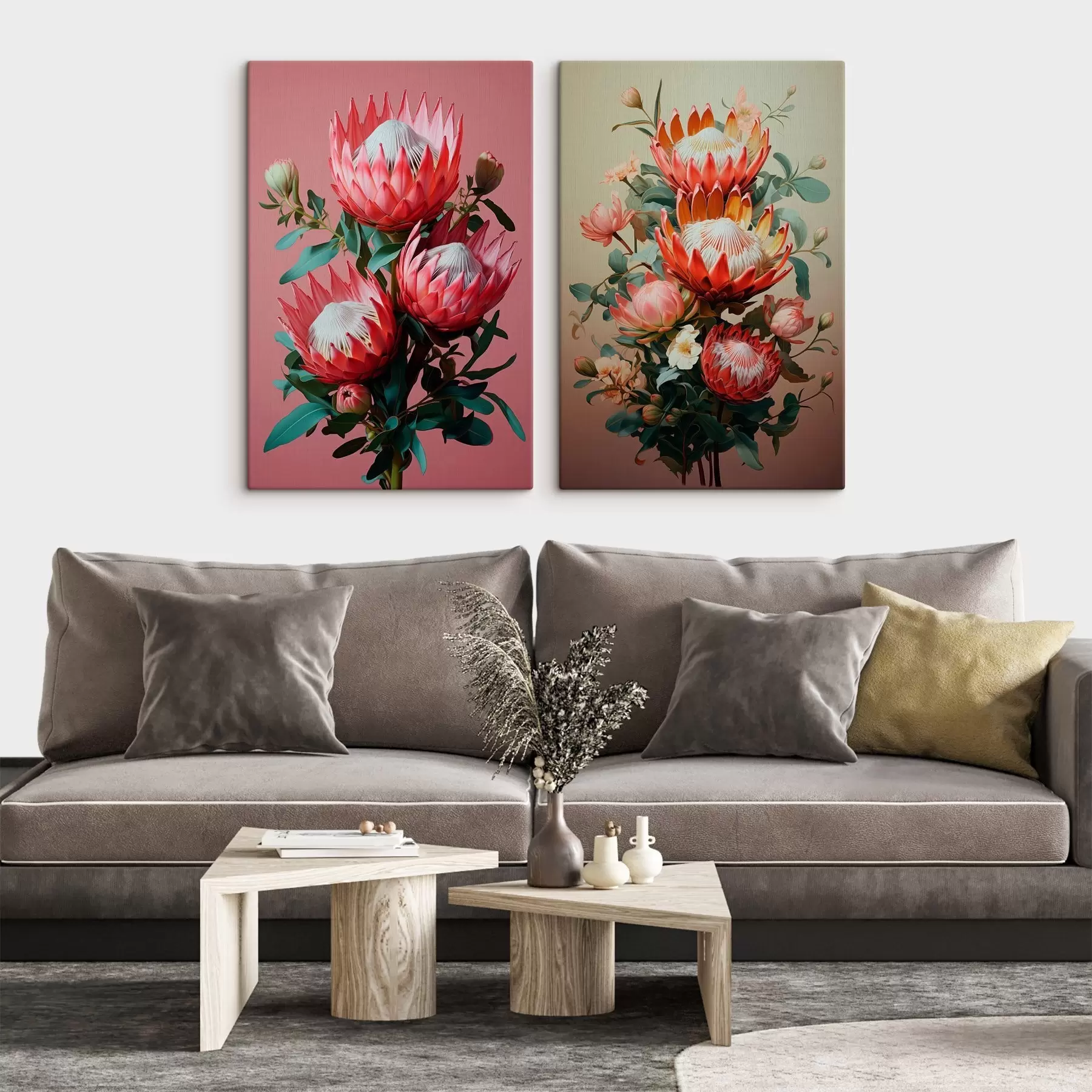 murales Proteas en dos estados de ánimo: fondo rosa intenso y un cálido degradado oliva. m01092