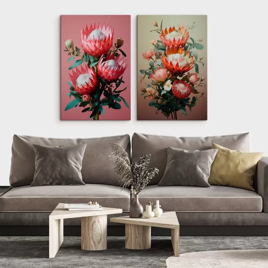 wall murals Proteas in two moods: rich pink background and a warm olive gradient m01092