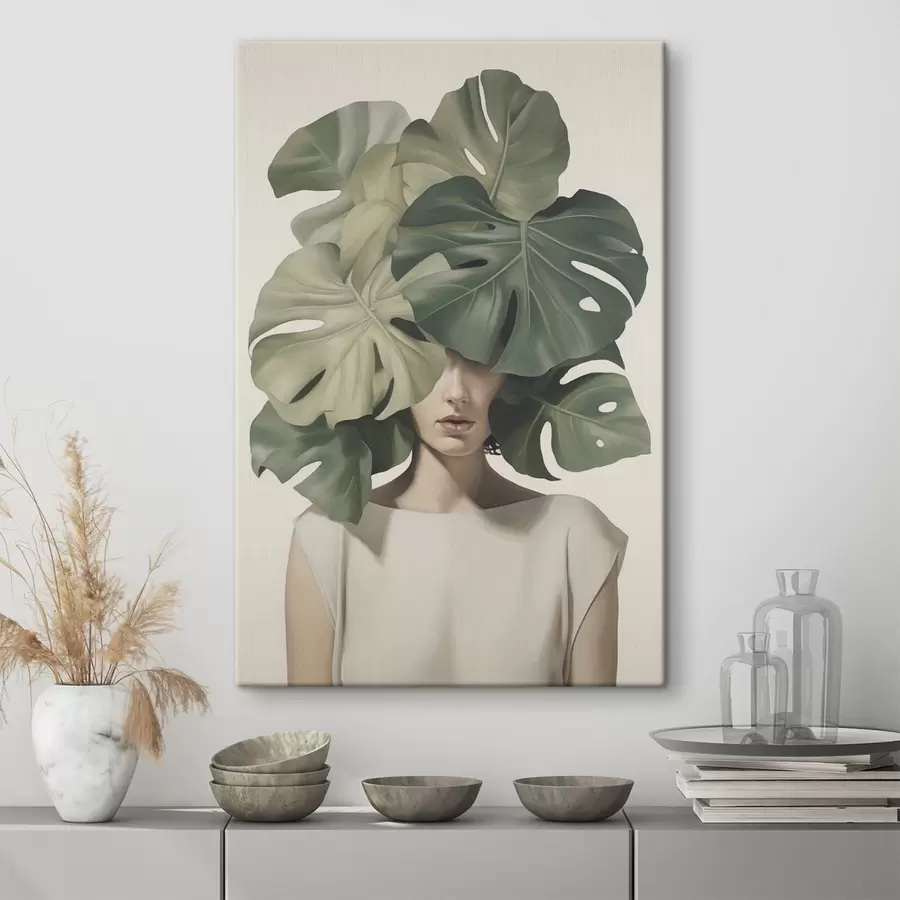 wall murals Abstract portrait of a girl with monstera leaves s47336