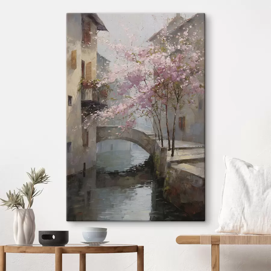 wall murals romantic cityscape with a blossoming tree in the style of oil painting s47127