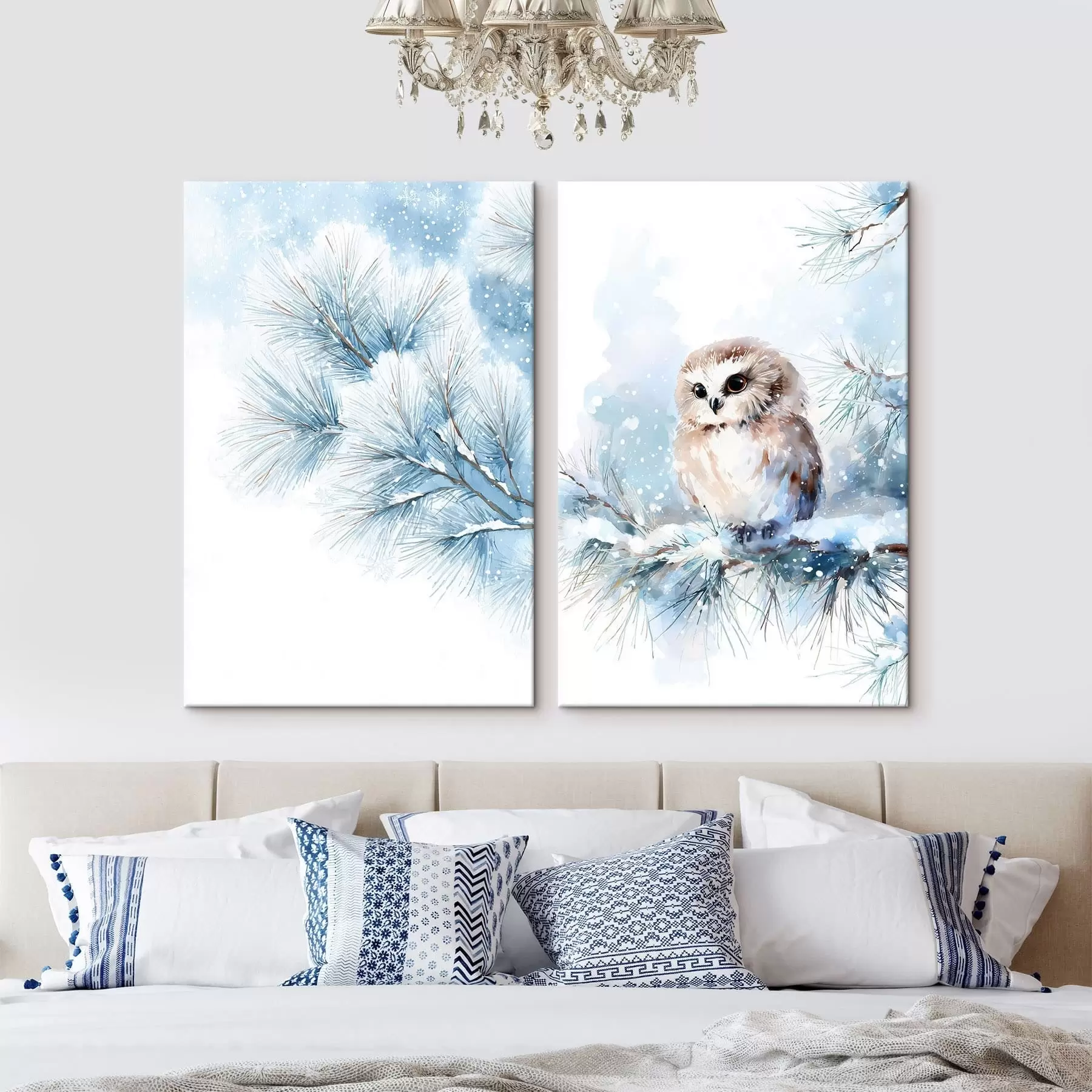 murales Bonito búho sobre una rama de pino cubierta de nieve, pintado al estilo acuarela. m01168