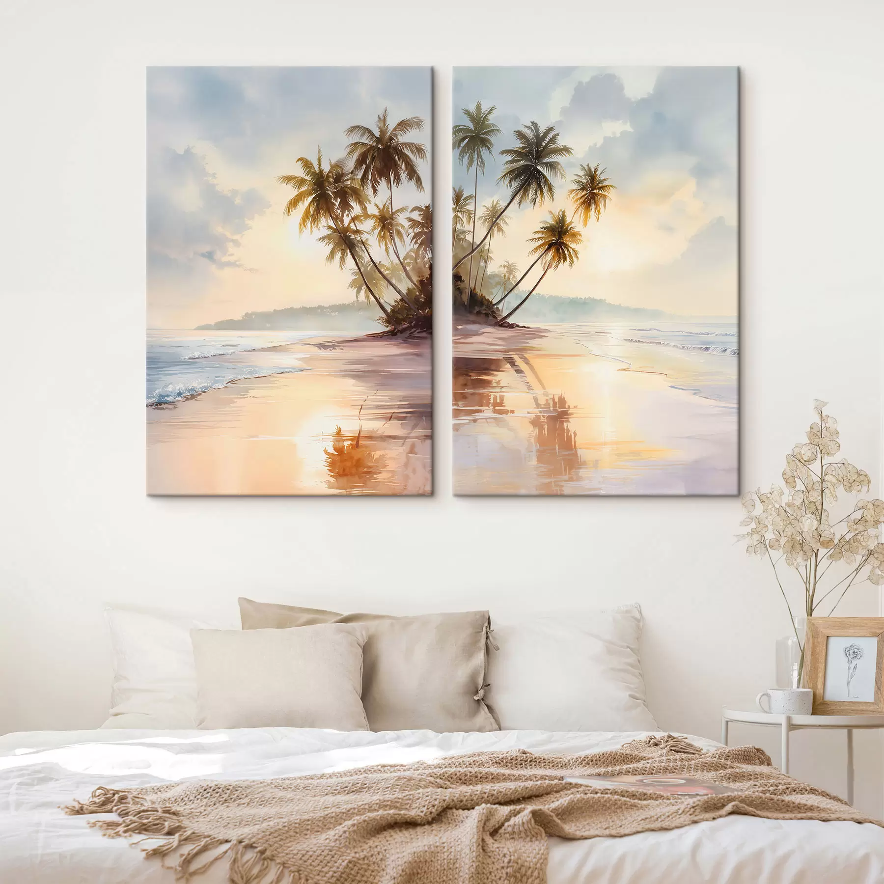 murales Puesta de sol en la playa de una isla, en estilo acuarela. m01177