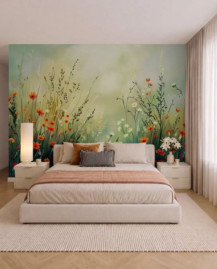 Wall Mural Photo Wallpaper Meadow flowers and grasses in soft painterly style w05015