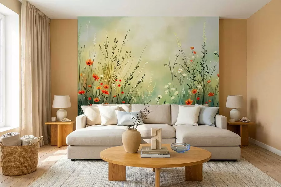 Wall Mural Photo Wallpaper Meadow flowers and grasses in soft painterly style w05015