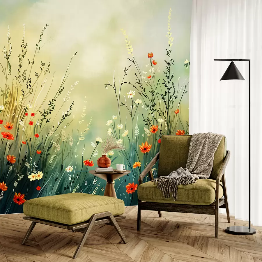 Wall Mural Photo Wallpaper Meadow flowers and grasses in soft painterly style w05015