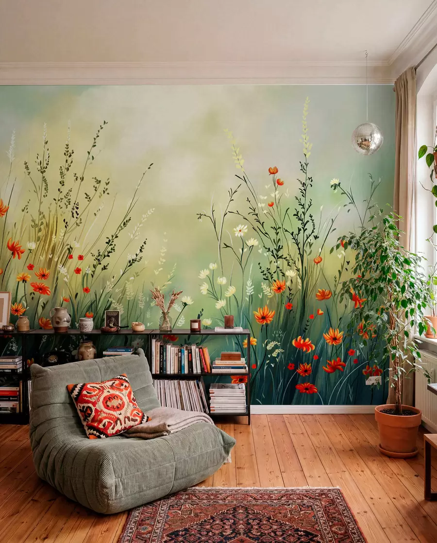 peintures murales Fleurs des champs et herbes dans un style pictural doux w05015