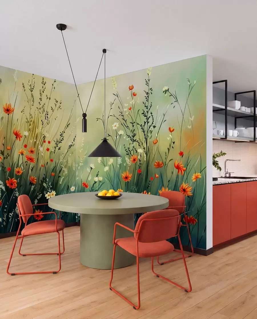 peintures murales Fleurs des champs et herbes dans un style pictural doux w05015