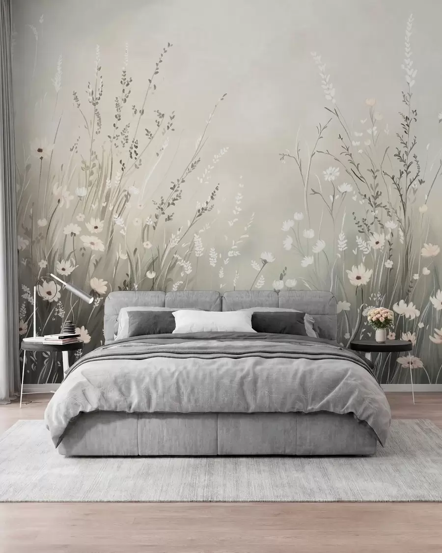 peintures murales Scène champêtre douce avec des fleurs blanches et des herbes délicates w05015v1