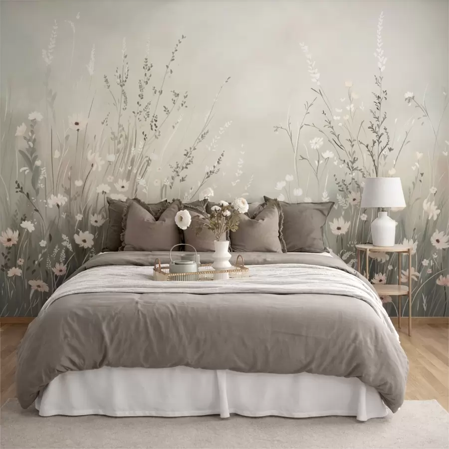 wall murals Soft meadow scene with white flowers and delicate grasses w05015v1
