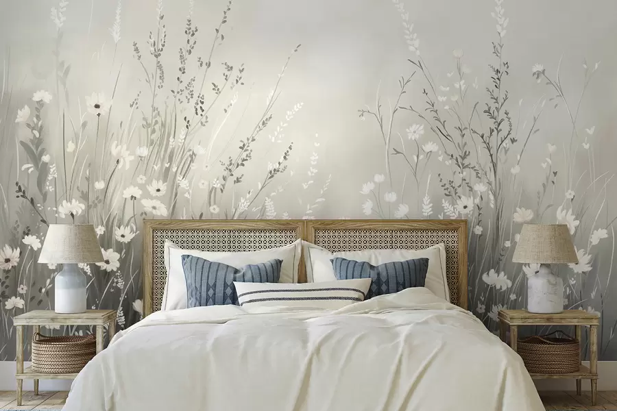 Wall Mural Photo Wallpaper Soft meadow scene with white flowers and delicate grasses w05015v1