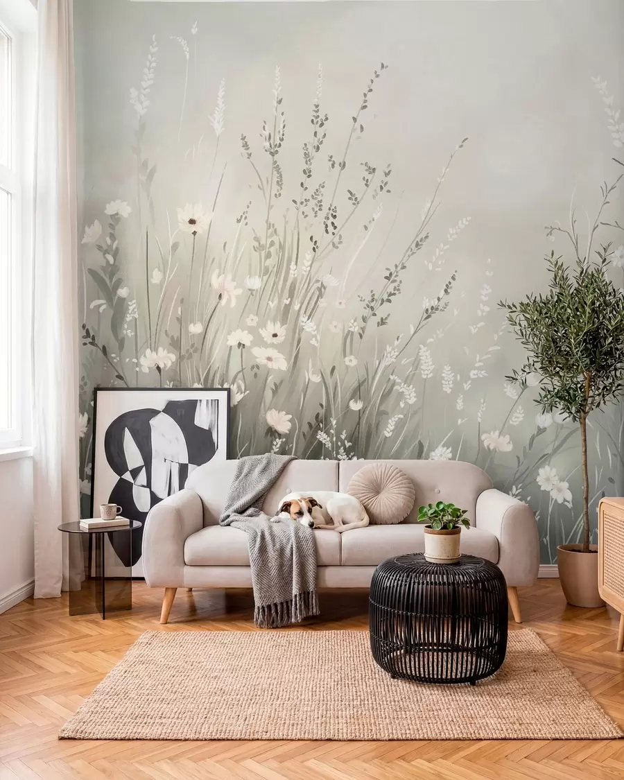 wall murals Soft meadow scene with white flowers and delicate grasses w05015v1