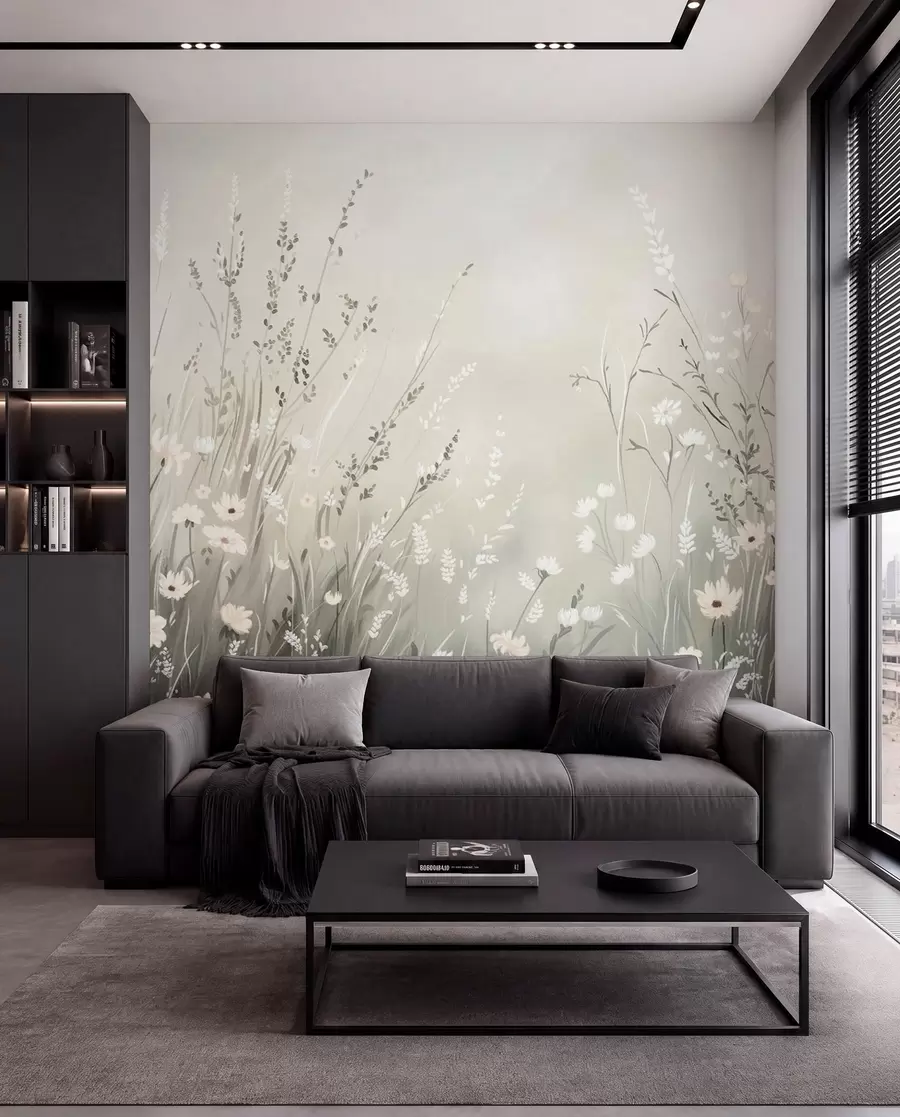 Wall Mural Photo Wallpaper Soft meadow scene with white flowers and delicate grasses w05015v1