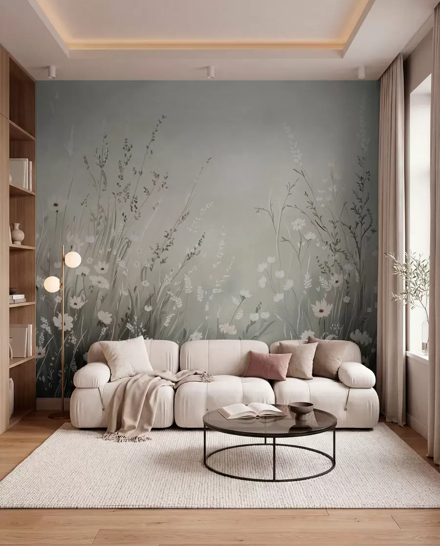 peintures murales Scène champêtre douce avec des fleurs blanches et des herbes délicates w05015v1