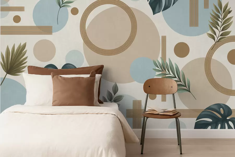 Wall Mural Photo Wallpaper Geometric pattern with leaves and circles in calm tones w05018