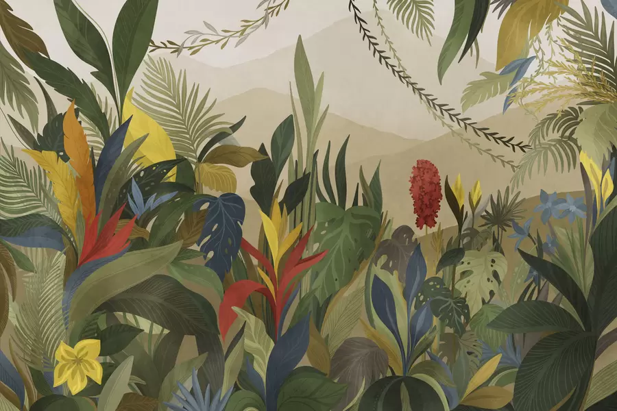 peintures murales Feuillage tropical avec de grandes feuilles et fleurs w05019