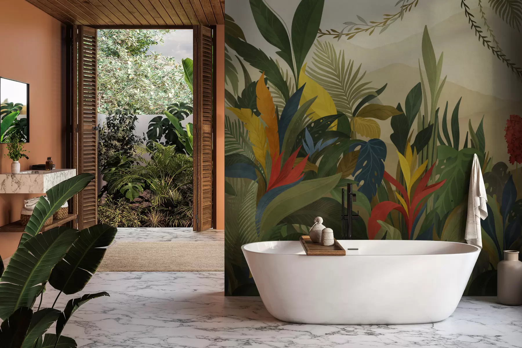 wall murals Tropical foliage with large leaves and flowers w05019