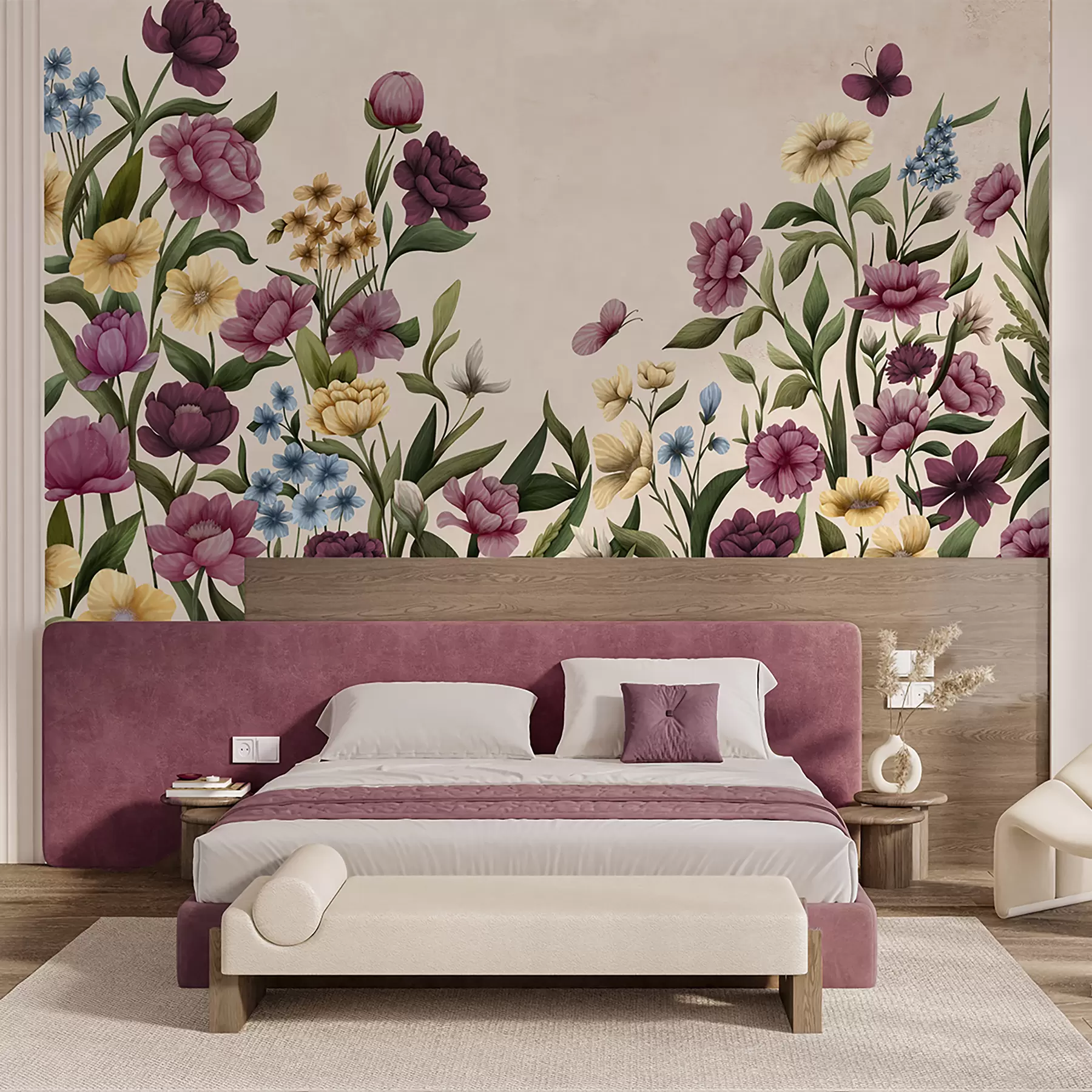 Wall Mural Photo Wallpaper Floral composition with plants and butterflies on light background w05072