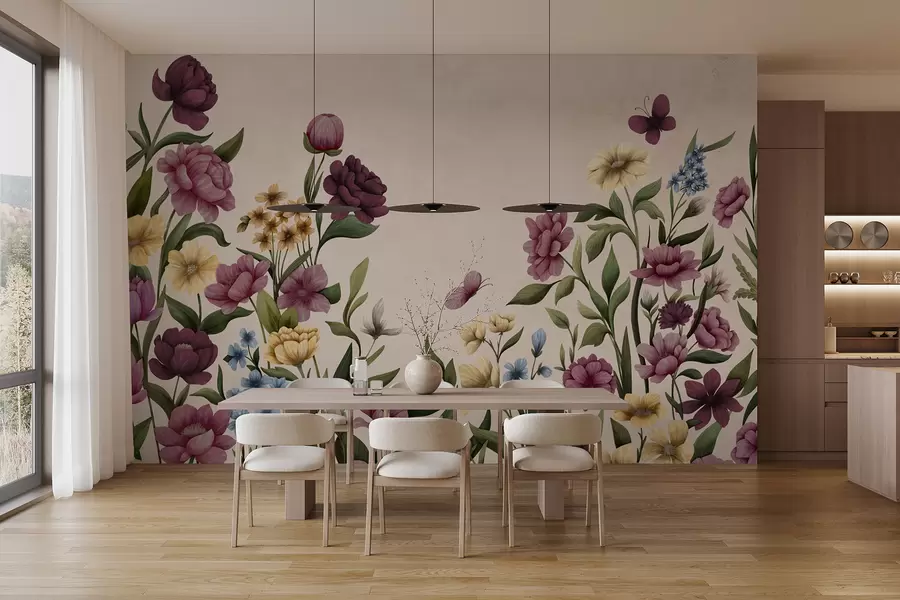 peintures murales Composition florale avec des plantes et des papillons sur fond clair w05072