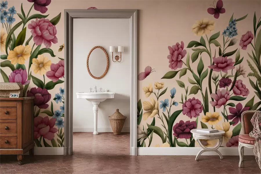 Wall Mural Photo Wallpaper Floral composition with plants and butterflies on light background w05072