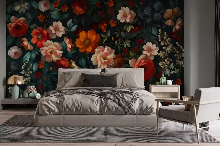 wall murals Dark floral pattern with lush garden flowers w05087
